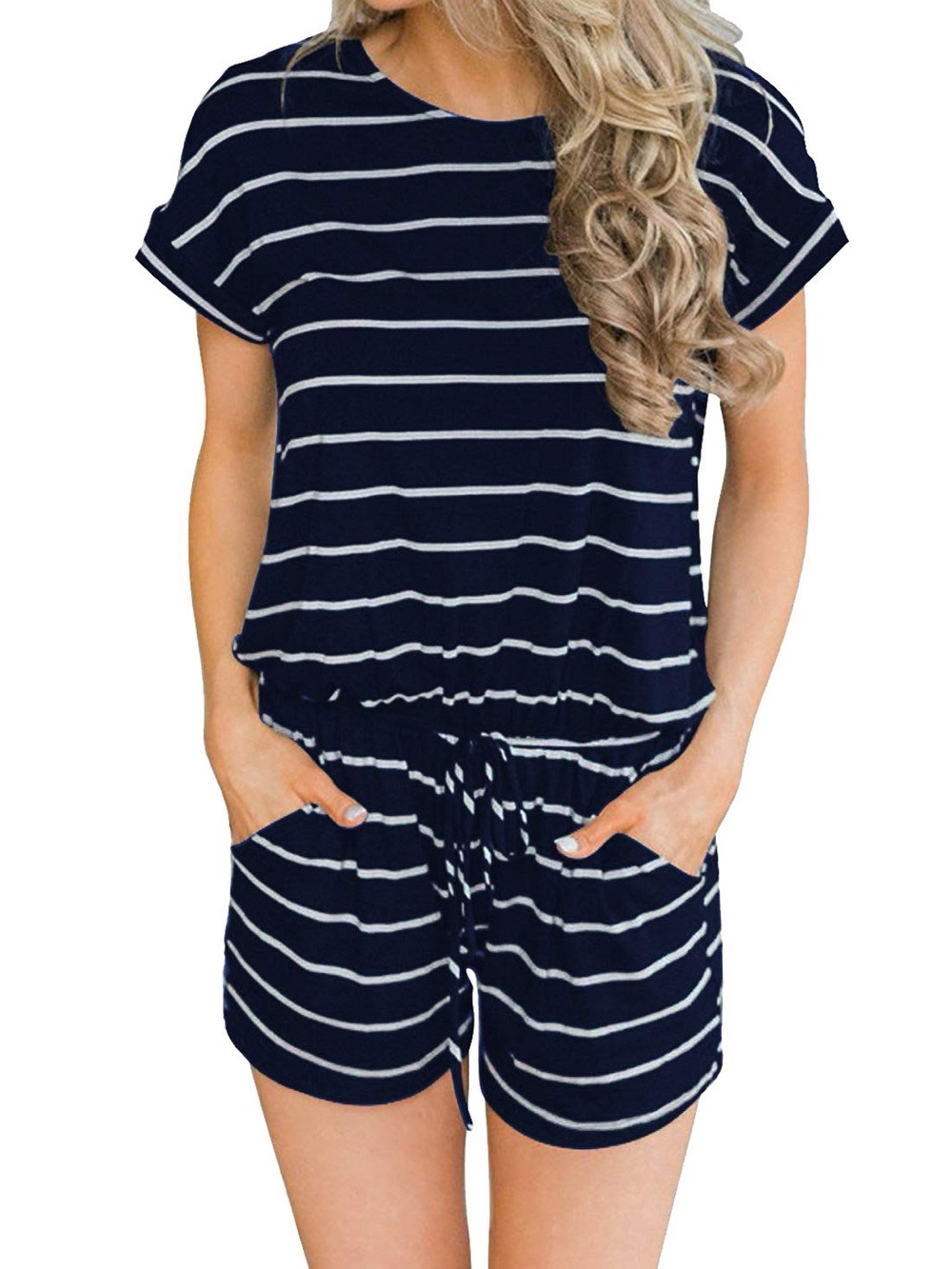 Zenana Outfitters Navy and White Striped Short-Sleeve Romper